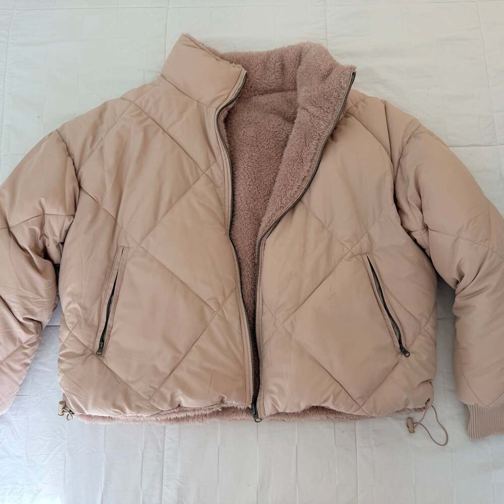 Love Tree Reversible Teddy Bear Puffer Jacket Tan Cozy Sherpa Coat - Picture 3 of 7